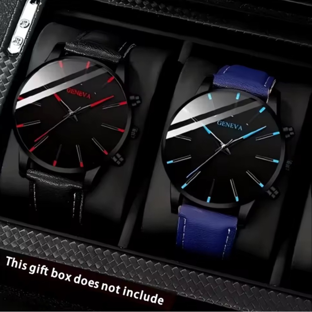 2PC Men’s Quartz Analog PU Leather Watch Blue/Black New